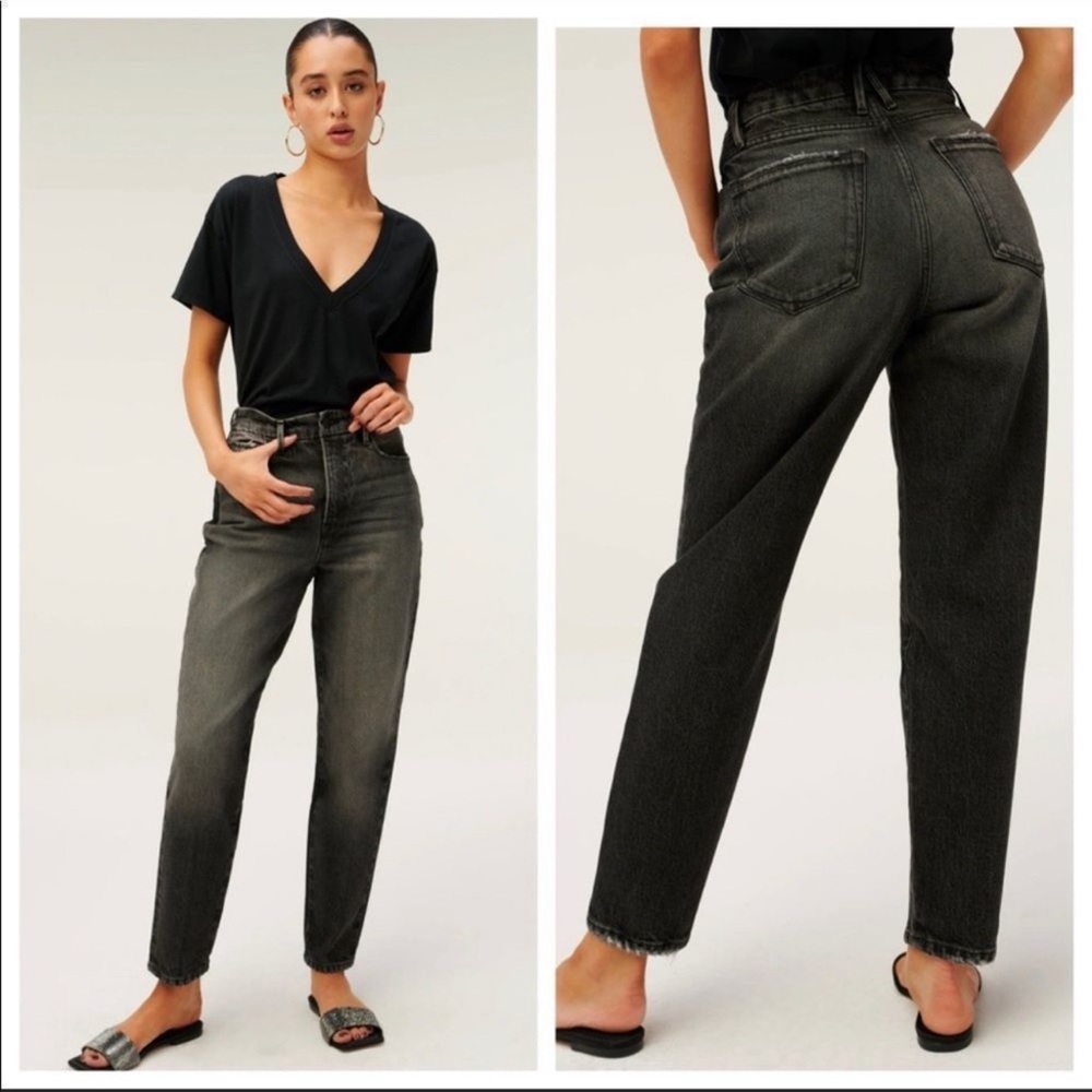 Good American Womens Good Mom Distressed High Rise Mom Jeans Black